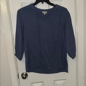 Wonderly Blue 3/4 Sleeve Relaxed Ribbed Blouse